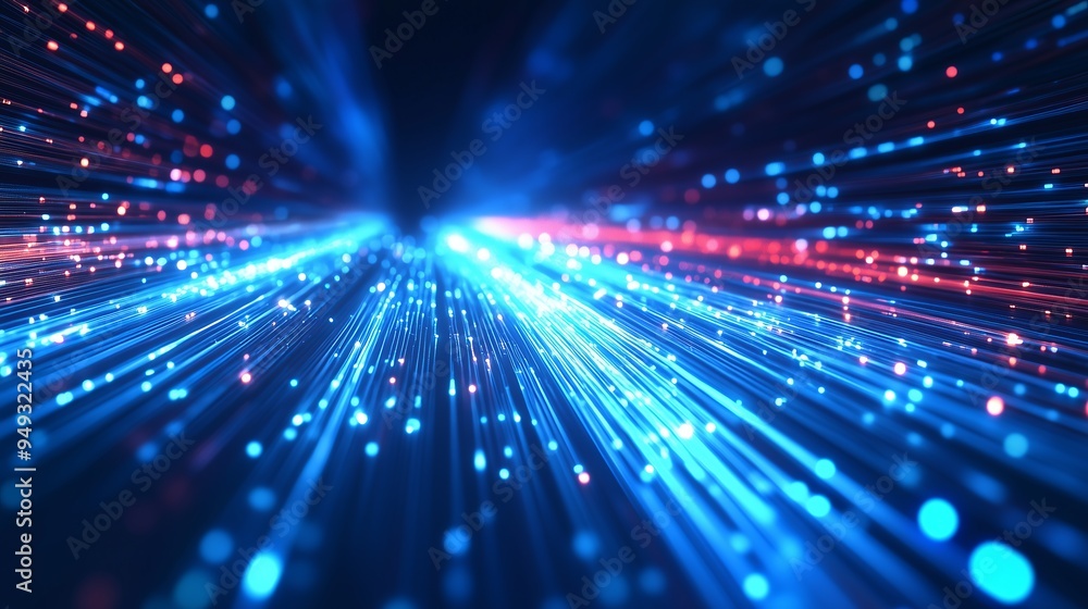 Dynamic blue and red lines and numbers create an abstract visual that evokes a sense of digital movement, resembling a high-tech environment filled with glowing light and energy.