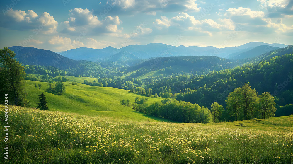 Rolling Green Hills with Lush Forests and a Blue Sky in the Background Rolling Green Hills with Lush Forests and a Blue Sky in the Background