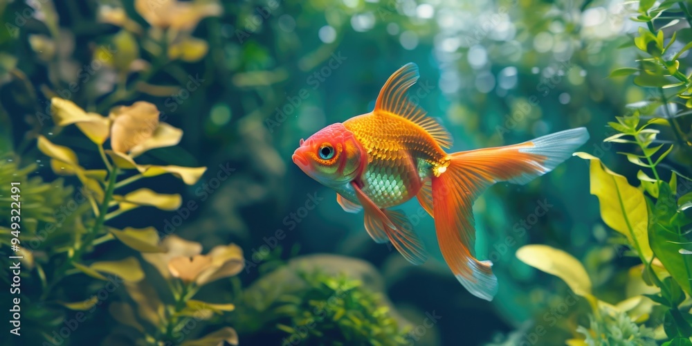 A close-up view of a goldfish swimming in its aquatic home surrounded by lush green plants A close-up view of a goldfish swimming in its aquatic home surrounded by lush green plants