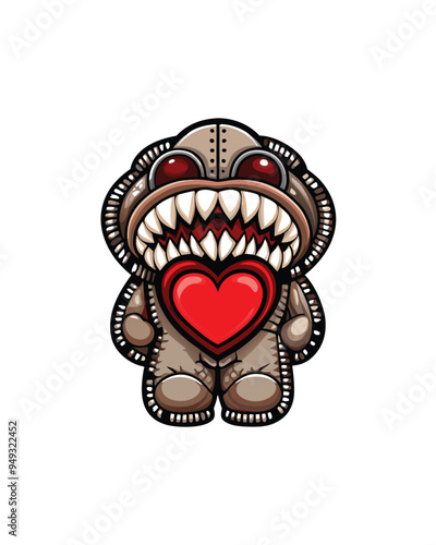 A friendly plush monster with a heart-shaped body, stitched seams, and a toothy grin.