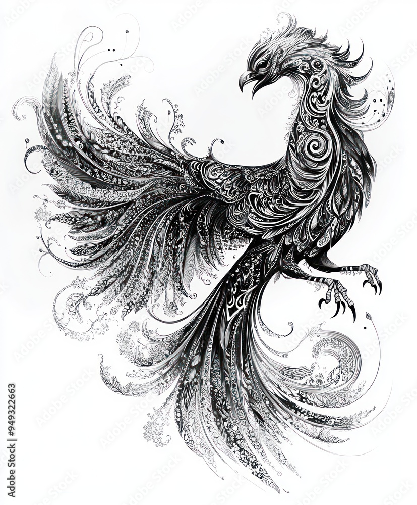 A stylized black and white illustration of a phoenix with intricate patterns and designs. A stylized black and white illustration of a phoenix with intricate patterns and designs.
