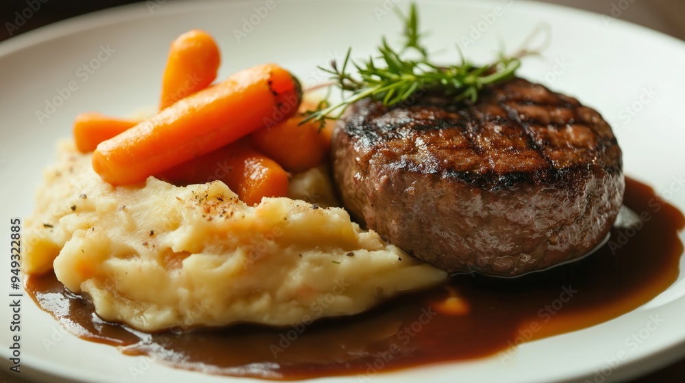 A flat burger sits on a plate alongside creamy mashed potatoes topped with a rich gravy and vibrant roasted carrots. Fresh herbs garnish the dish, enhancing its inviting appearance. A flat burger sits on a plate alongside creamy mashed potatoes topped with a rich gravy and vibrant roasted carrots. Fresh herbs garnish the dish, enhancing its inviting appearance.