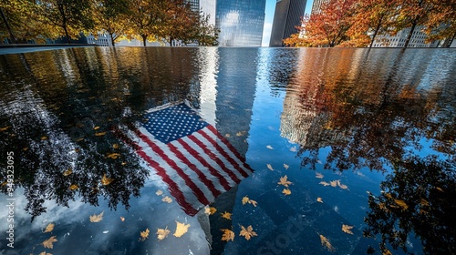 The American flag reflecting in the Ground Zero Memorial pool during a peaceful September day with the Freedom Tower in the background