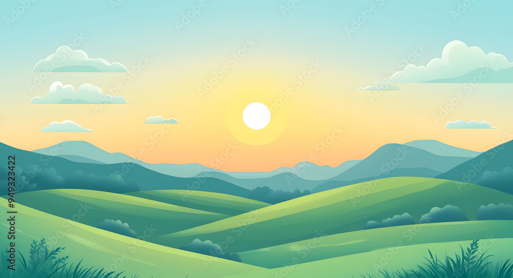 A Flat Vector Illustration of Green Hills and Meadows with a Simple and Vibrant Design, Capturing the Beauty of Nature in a Minimalist Style, Ideal for Themes of Outdoor Scenery, Environmental Design, A Flat Vector Illustration of Green Hills and Meadows with a Simple and Vibrant Design, Capturing the Beauty of Nature in a Minimalist Style, Ideal for Themes of Outdoor Scenery, Environmental Design,