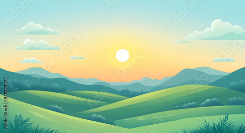 A Flat Vector Illustration of Green Hills and Meadows with a Simple and Vibrant Design, Capturing the Beauty of Nature in a Minimalist Style, Ideal for Themes of Outdoor Scenery, Environmental Design,