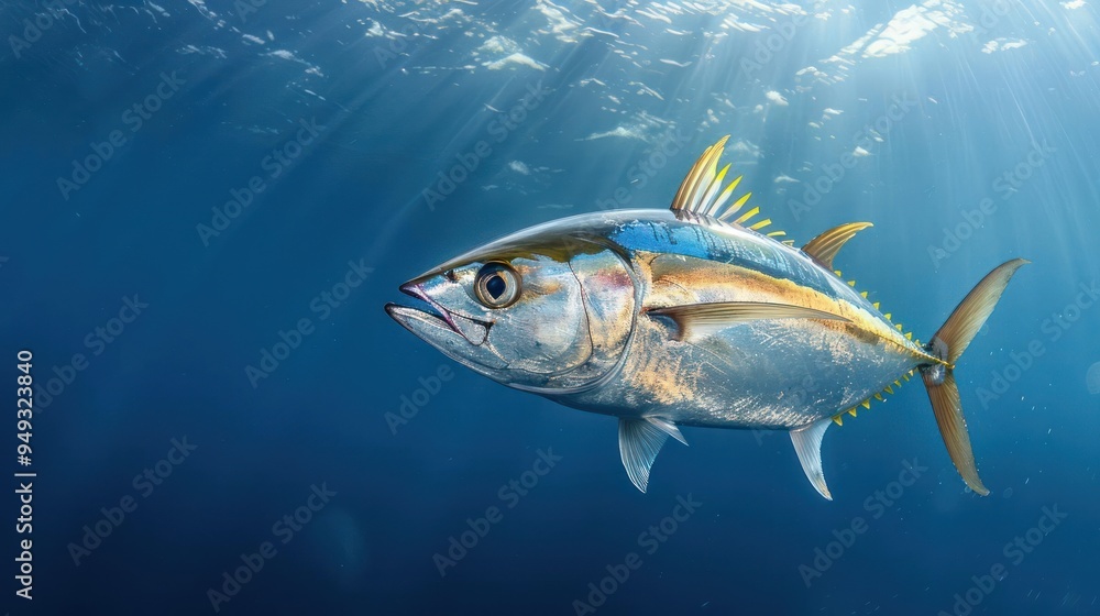 Naklejka premium A beautiful blue and gold tuna fish swims gracefully in the ocean under the light of day.
