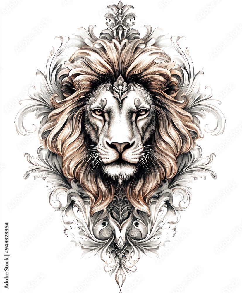 A detailed illustration of a lion's head surrounded by ornate floral designs. A detailed illustration of a lion's head surrounded by ornate floral designs.
