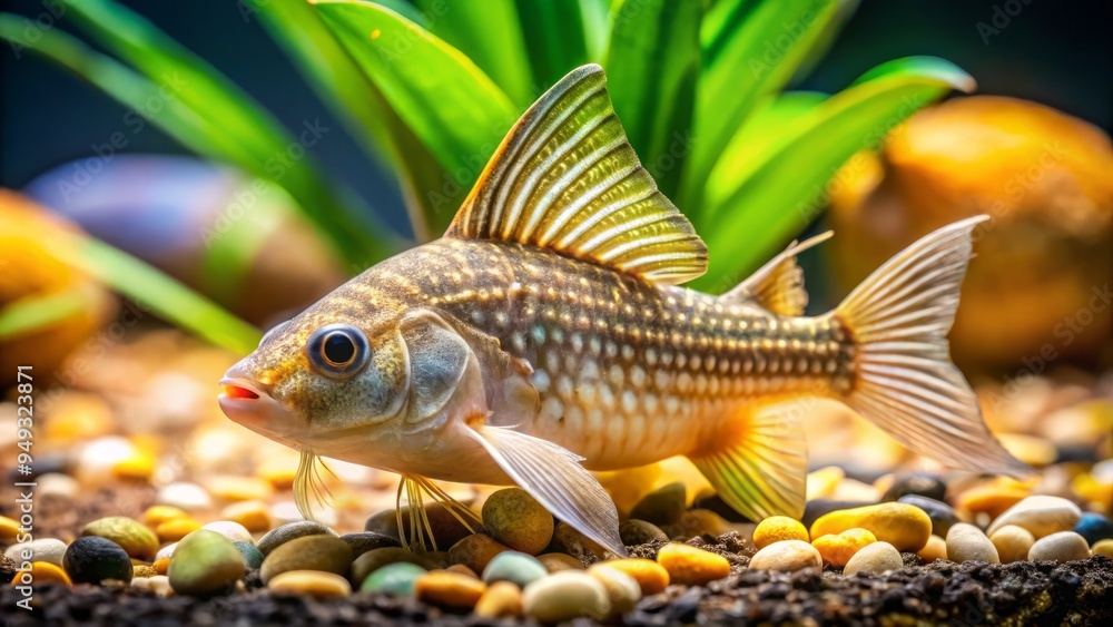 A Corydoras Catfish glides smoothly through dimly lit waters, its velvety scales catching glints of golden light amidst lush plants and pebbles. A Corydoras Catfish glides smoothly through dimly lit waters, its velvety scales catching glints of golden light amidst lush plants and pebbles.