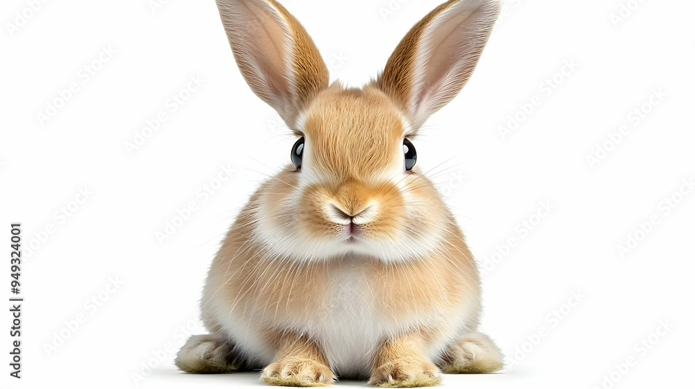 Fototapeta premium Cute Bunny Sitting with Long Ears and Looking at Camera