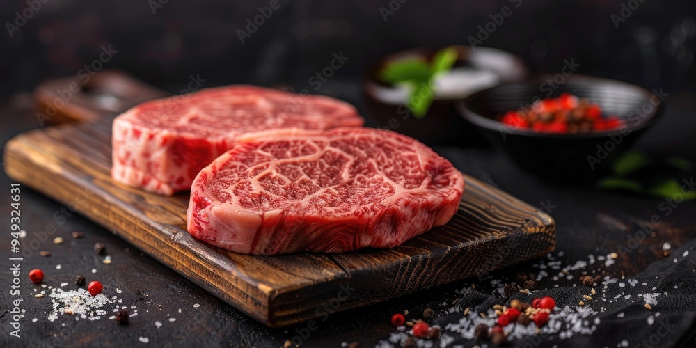 Wagyu Ribeye Beef on a Wooden Cutting Board Wagyu Ribeye Beef on a Wooden Cutting Board