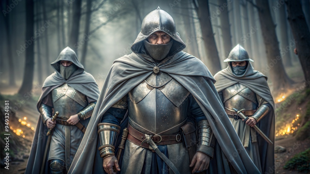 medieval personage draped in a magical silver cloak becomes nearly invisible to the surrounding 3 enemy medieval warriors trying to find medieval personage and sneaking around, but medieval personage medieval personage draped in a magical silver cloak becomes nearly invisible to the surrounding 3 enemy medieval warriors trying to find medieval personage and sneaking around, but medieval personage