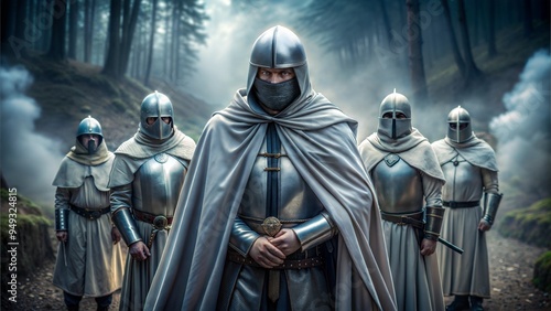 medieval personage draped in a magical silver cloak becomes nearly invisible to the surrounding 3 enemy medieval warriors trying to find medieval  personage and sneaking around, but medieval personage photo