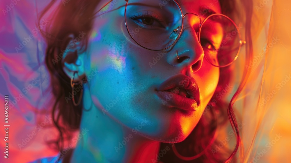A woman wearing glasses and surrounded by neon lights A woman wearing glasses and surrounded by neon lights