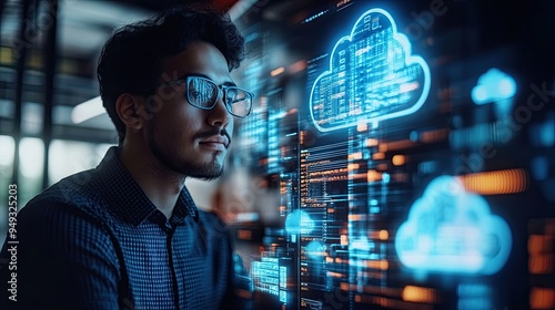 6. Full-stack developer working on cloud integration, coding in the background, modern software development process.