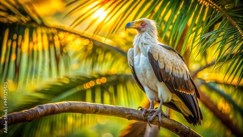 Against a backdrop of golden sand and lush green, a Palm-nut Vulture perches, feathers glistening in morning light. photo