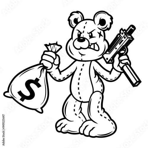 Gangster Teddy | Stitched Teddy | Teddy with Rifle | Hipster Teddy | Bad Mafia | Teddy Bear Robber | Teddy Bear | Teddy w/Money Bag | Original Illustration | Vector and Clipart | Cutfile and Stencil