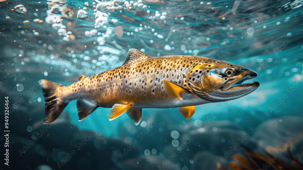 A salmon swimming in clear water, with its mouth open. A salmon swimming in clear water, with its mouth open.