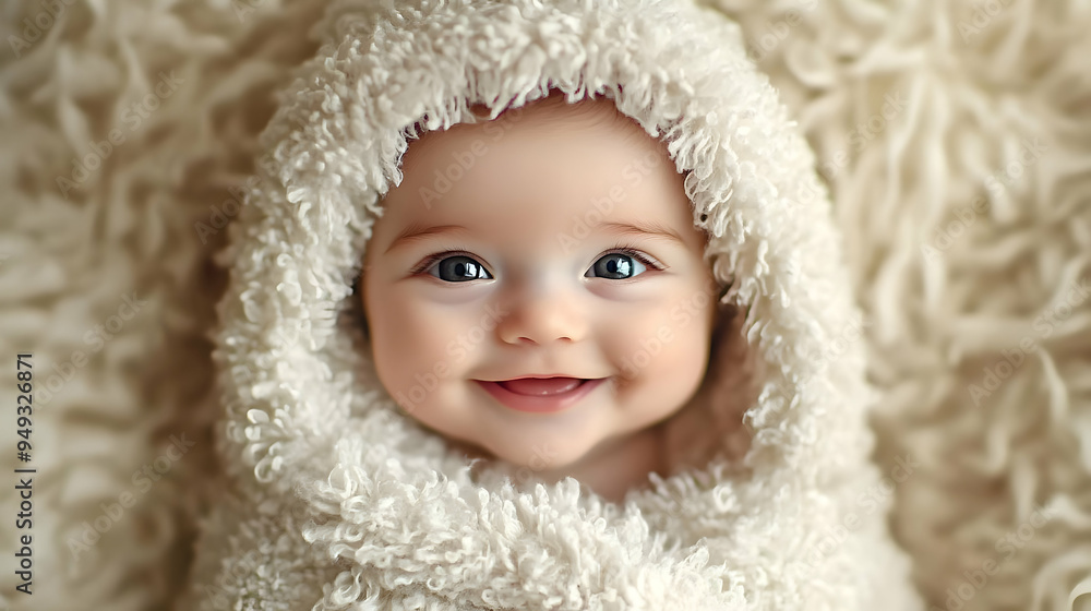 Cute Baby Smiles with Big Eyes Wrapped in a Blanket Cute Baby Smiles with Big Eyes Wrapped in a Blanket