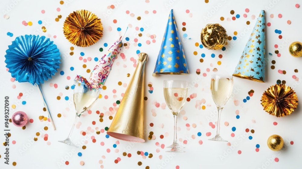 Fototapeta premium Party supplies including decorated hats, sparkling glasses, and colorful confetti create a vibrant atmosphere for new year festivities