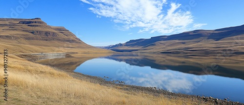 Mountainous Landscape with Serene Lake and Sky Reflections