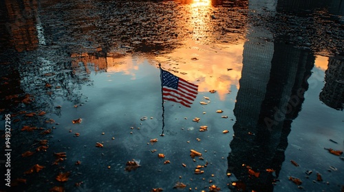 Ground Zero Memorial with an American flag reflecting in the water as the sun sets