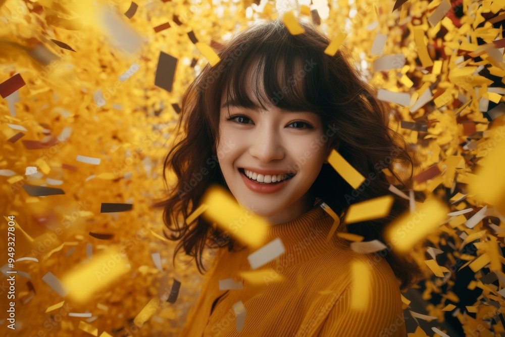 A Asian traditional dress woman, her long hair flowing, beams with delight as confetti swirls around her, adding a touch of yellow themed jubilation to the scene.