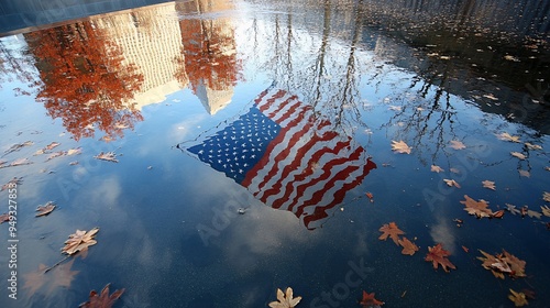 The American flag reflecting in the Ground Zero Memorial pool during a serene September day