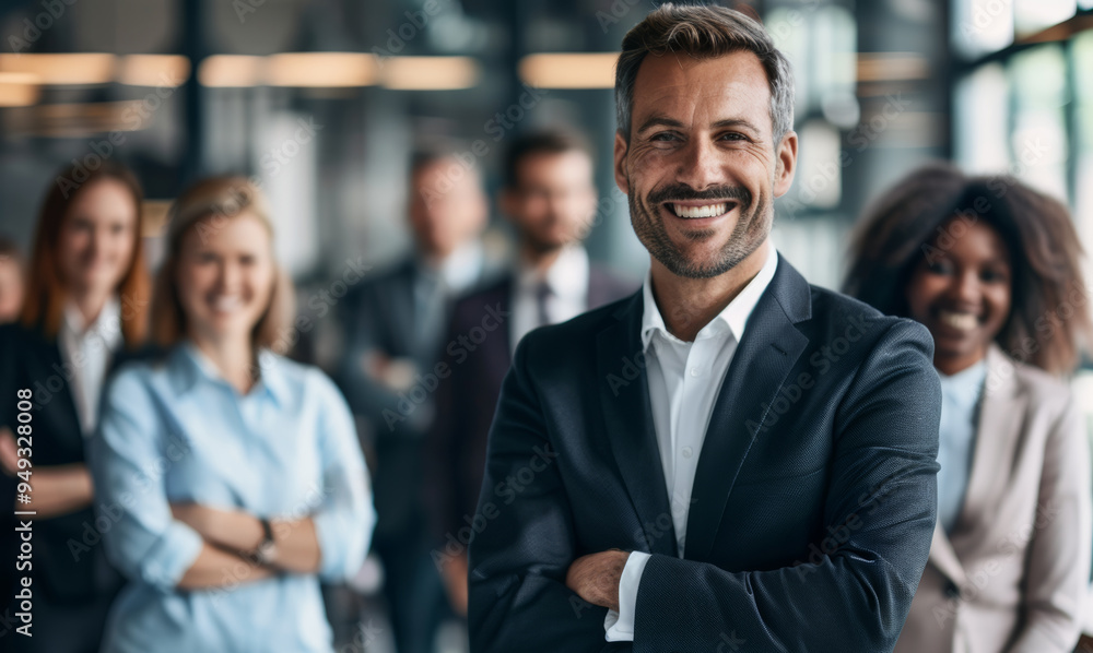An authoritative business leader stands with team in sleek office setting, ready to drive company forward, essence of experienced, emphasizing readiness for modern business challenges. An authoritative business leader stands with team in sleek office setting, ready to drive company forward, essence of experienced, emphasizing readiness for modern business challenges.