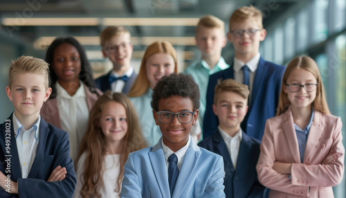 A group of children dressed in business attire standing confidently in an office setting. Their serious expressions and professional appearance emphasize ambition and leadership. photo