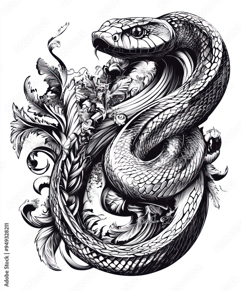 Fototapeta premium A detailed illustration of a snake entwined with floral elements.
