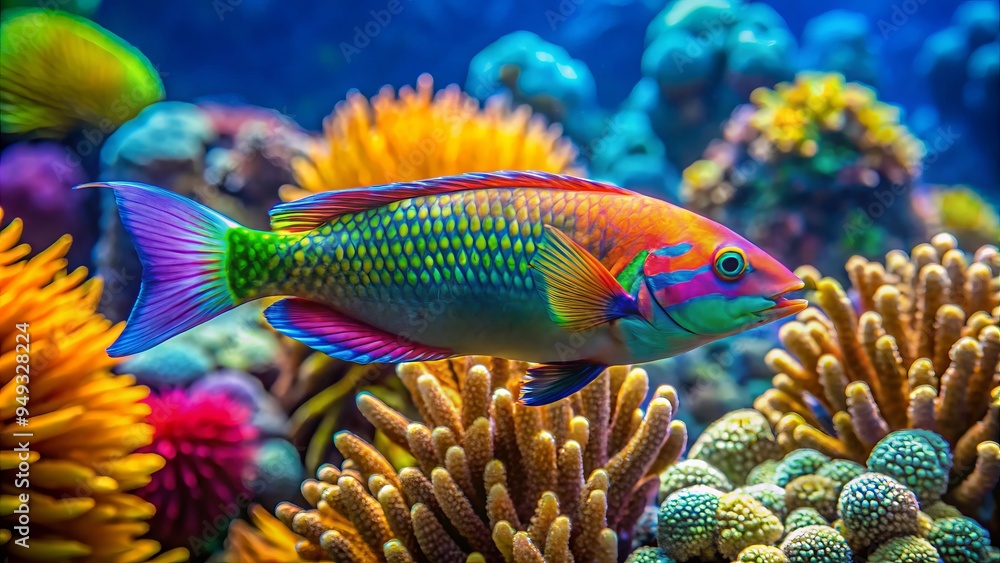 A majestic peacock wrasse thrives amidst a backdrop of translucent coral, its shimmering scales and undulating fins transporting observers to an underwater world of serene beauty. A majestic peacock wrasse thrives amidst a backdrop of translucent coral, its shimmering scales and undulating fins transporting observers to an underwater world of serene beauty.