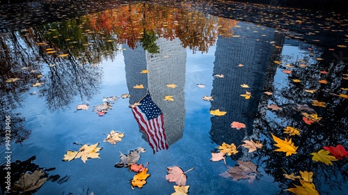 The American flag at Ground Zero reflecting in the memorial pool with autumn leaves floating on the water