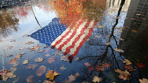 The American flag at Ground Zero reflecting in the memorial pool with autumn leaves floating on the water