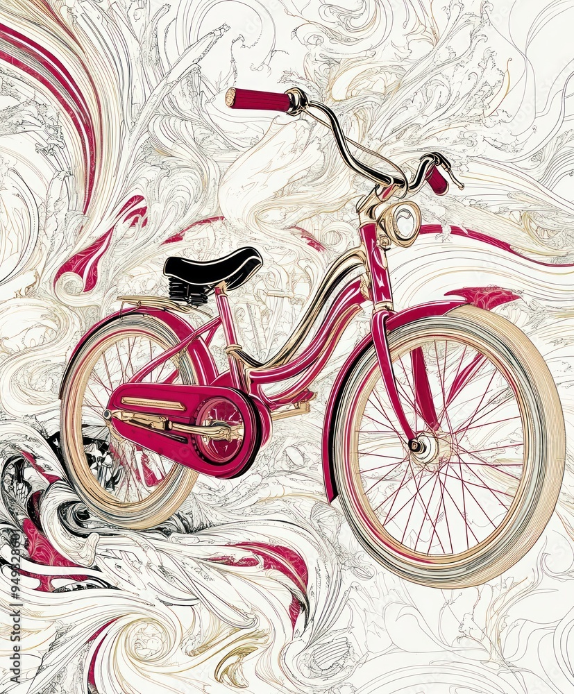Fototapeta premium A vintage-style pink bicycle surrounded by abstract swirling patterns.