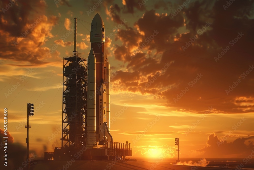 A large rocket sits on top of a runway, ready for launch A large rocket sits on top of a runway, ready for launch
