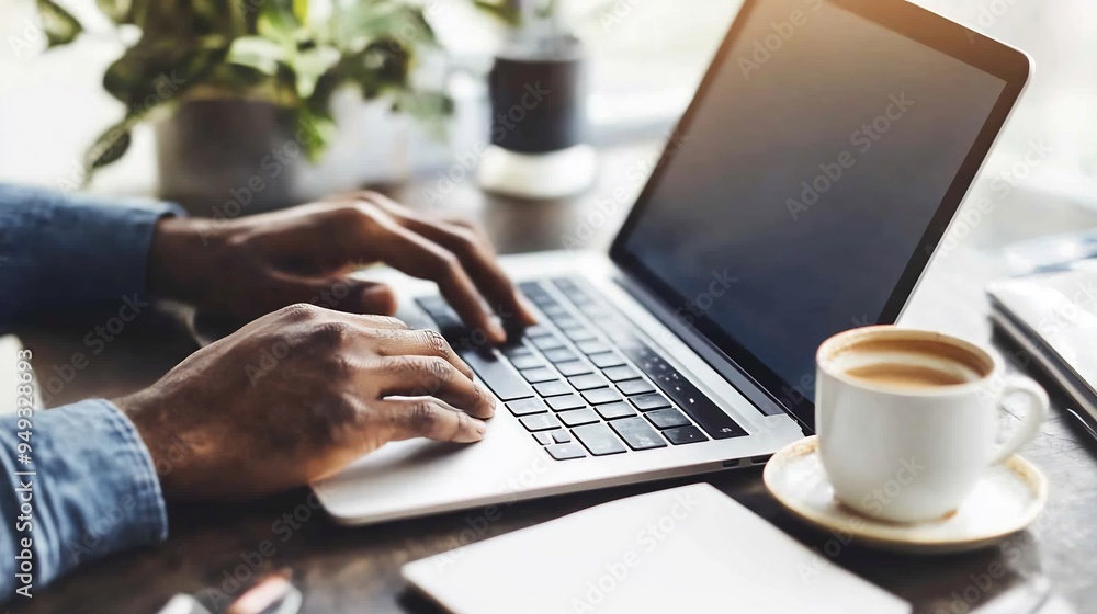 Closeup of hands typing on a laptop with coffee and notepad nearby Closeup of hands typing on a laptop with coffee and notepad nearby