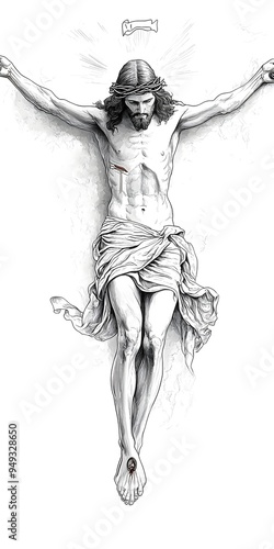A detailed sketch of Jesus Christ on the cross. The drawing captures his suffering and sacrifice in a powerful and moving way.