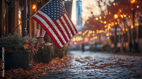 American flag waving with a backdrop of the Ground Zero Memorial on a clear September day