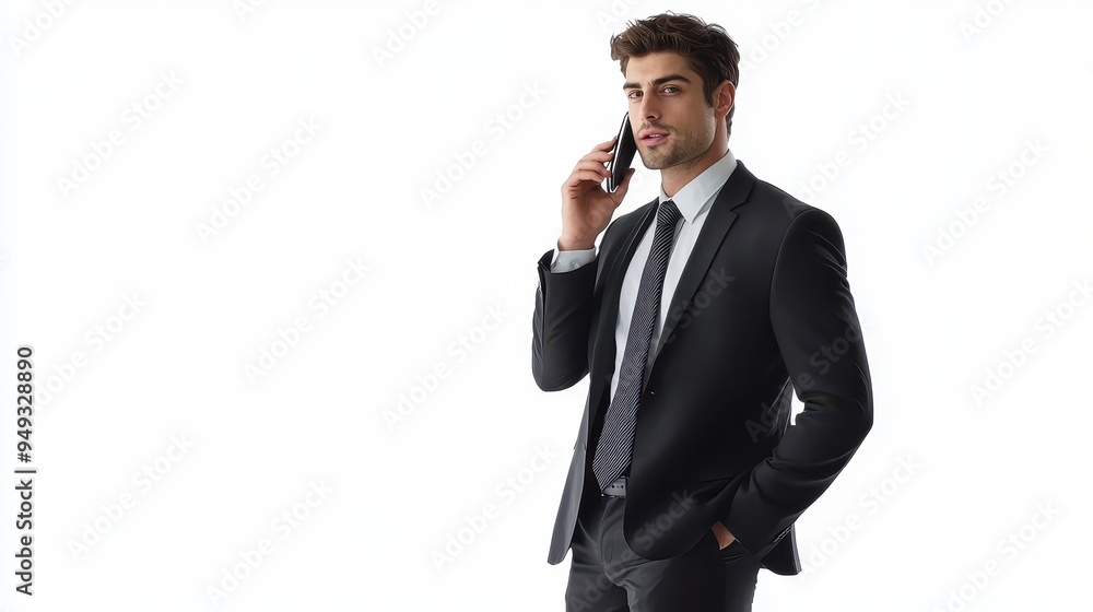A confident businessman stands in a bright office, actively engaging on a phone call while dressed in a tailored suit A confident businessman stands in a bright office, actively engaging on a phone call while dressed in a tailored suit