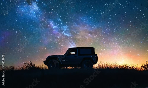 A jeep silhouetted against a breathtaking starry night sky, evoking adventure