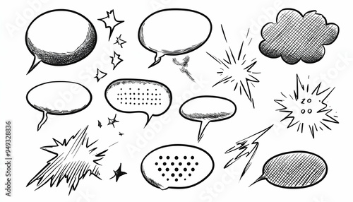 Hand drawn comic speech bubbles and sound effects isolated on white background. photo