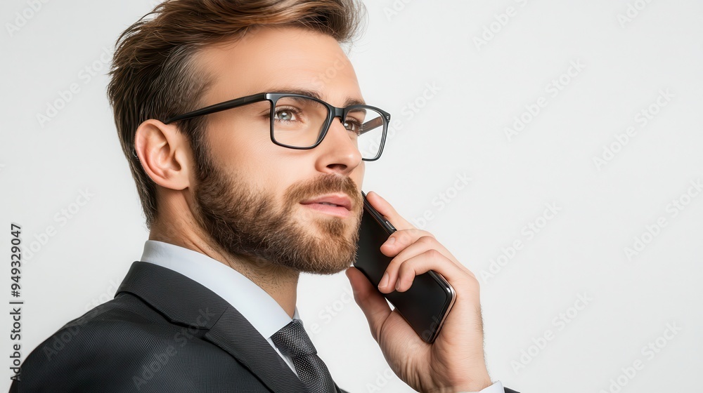 A successful businessman is engaged in a phone call while dressed in formal attire, projecting confidence in a contemporary office environment A successful businessman is engaged in a phone call while dressed in formal attire, projecting confidence in a contemporary office environment