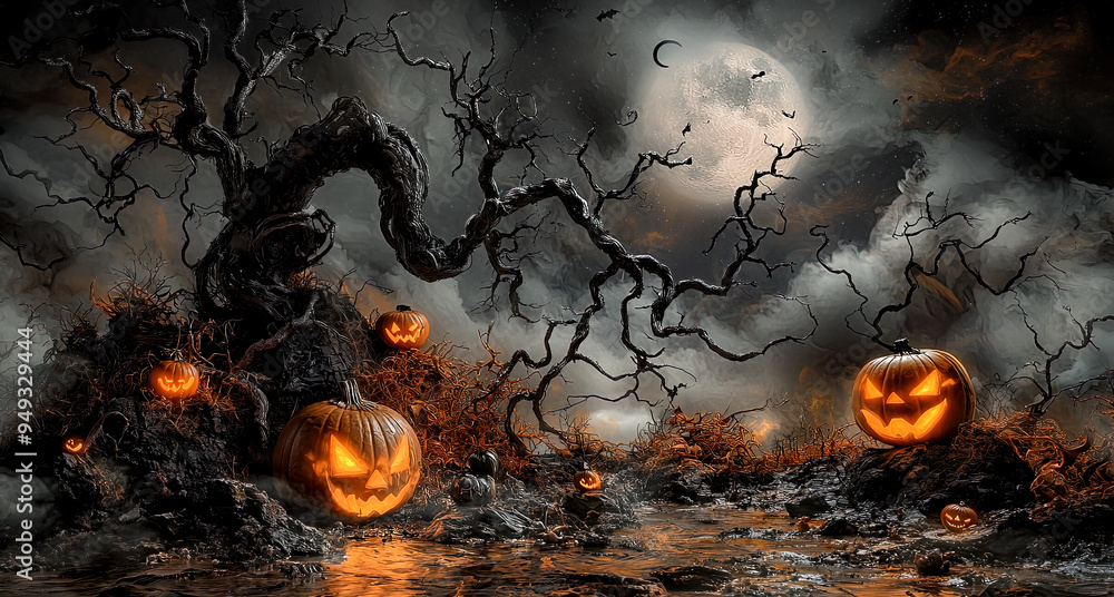 Creepy dead tree in a swamp with hack-o-lanterns under a full moon with ...