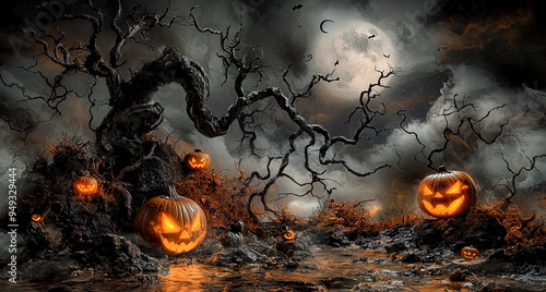 Creepy dead tree in a swamp with hack-o-lanterns under a full moon with clouds, Halloween landscape scary mist fog, sinister autumn forest photo