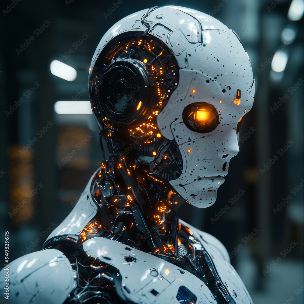 Futuristic Robot Head with Glowing Orange Eyes Futuristic Robot Head with Glowing Orange Eyes