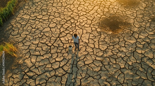 People with hollow faces gather dirty water from empty wells in parched fields, illustrating the harsh reality of water scarcity and hunger. Generative AI photo