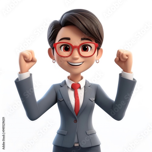 Office worker Happy Woman person successful fists up 3d style cartoon character on white background.