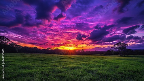 A vibrant purple and pink sunset over an English countryside
