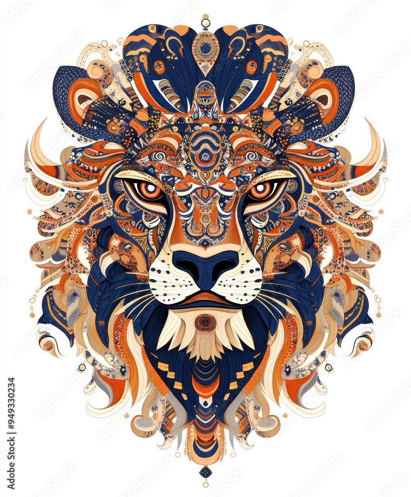 Fototapeta premium A vibrant, artistic representation of a lion's face with intricate patterns and colors.