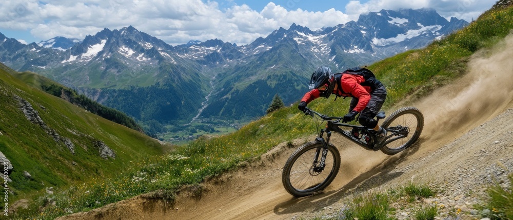 Fototapeta premium Mountain Biker Descending a Winding Trail with a Breathtaking View